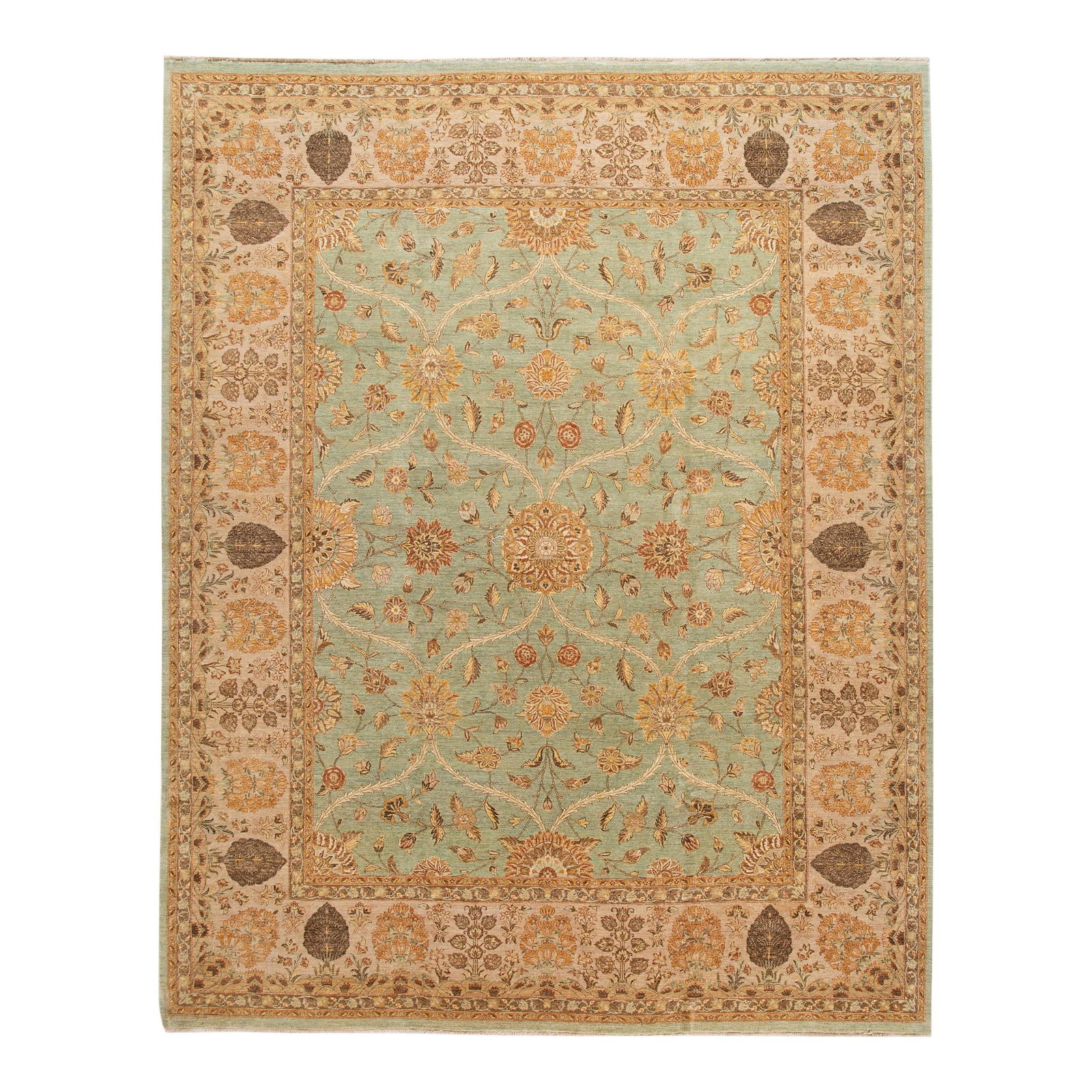 Elegant Green Handmade Wool Tabriz Style Floral Rug 11'10 x 14'11: Elegant Green Handmade Wool Tabriz Style Floral Rug 11'10 x 14'11 Experience the elegance of this Tabriz-style handmade wool rug, featuring a beautifully intricate floral motif set against a classic g