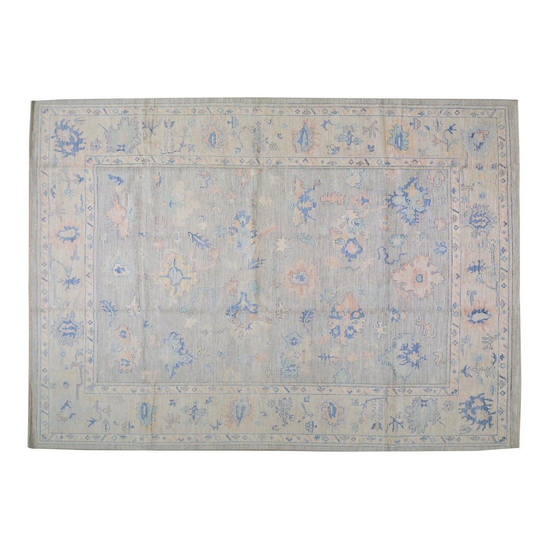 Light Gray Wool Oushak Rug Hand Knotted Floral 10'X14'1": Light Gray Wool Oushak Rug Hand Knotted Floral 10'X14'1" This contemporary Oushak rug features a hand-knotted fine weave with a floral design. Crafted from wool in a light gray color, it offers both s