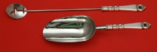 Frigast Danish Crown Sterling Silver Bar Set 2pc Martini Spoon Ice Scoop: Frigast Danish Crown Sterling Silver Bar Set 2pc Martini Spoon Ice Scoop Elevate your barware collection with this exquisite 2-piece Sterling Silver Bar Set from Frigast, featuring the elegant Danish 