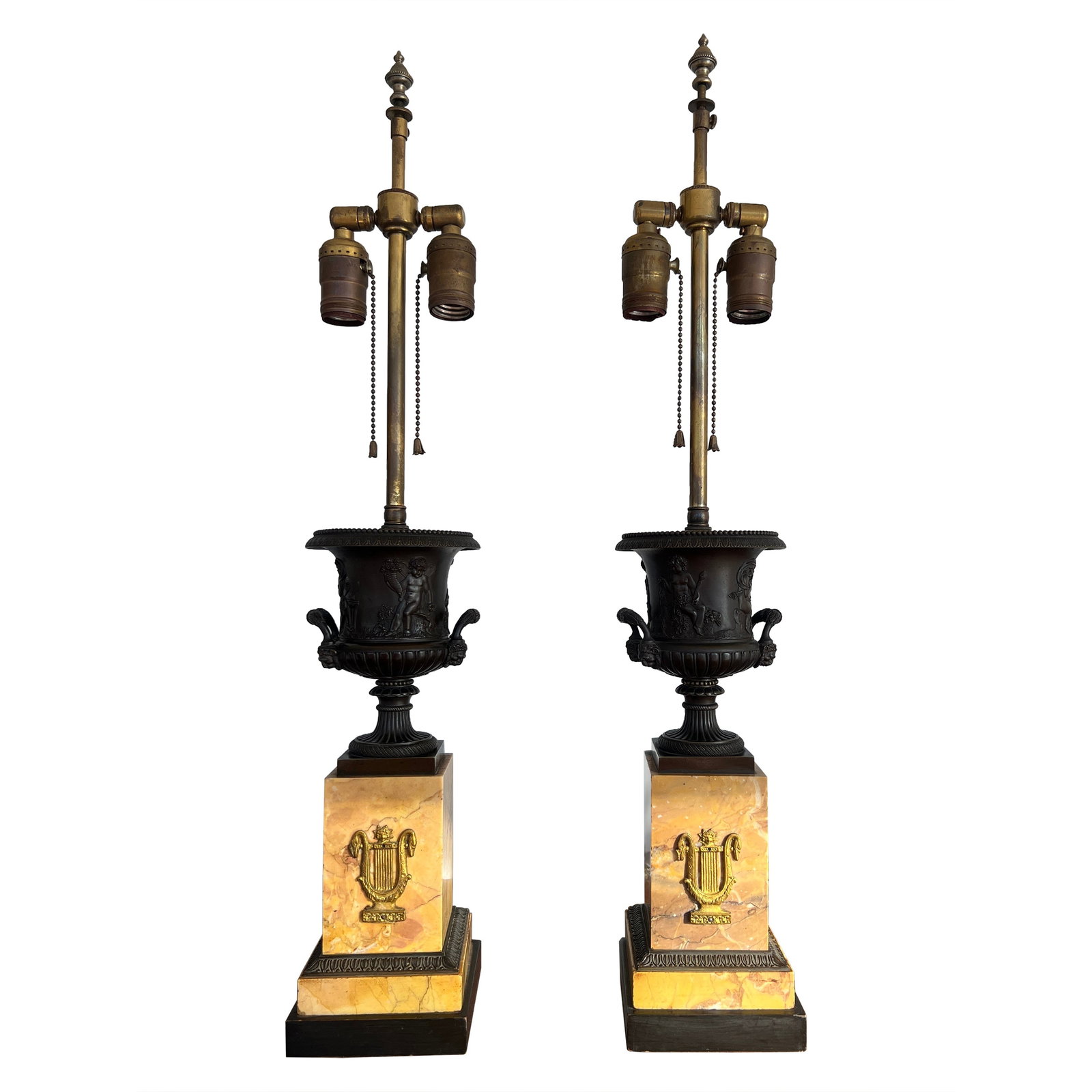 Pair of 19th Century French Grand Tour Bronze Urn Lamps with Sienna Marble: Pair of 19th Century French Grand Tour Bronze Urn Lamps with Sienna Marble This exquisite pair of 19th Century French Grand Tour "4 Seasons" Urn Lamps features beautifully crafted bronze urns, each ad