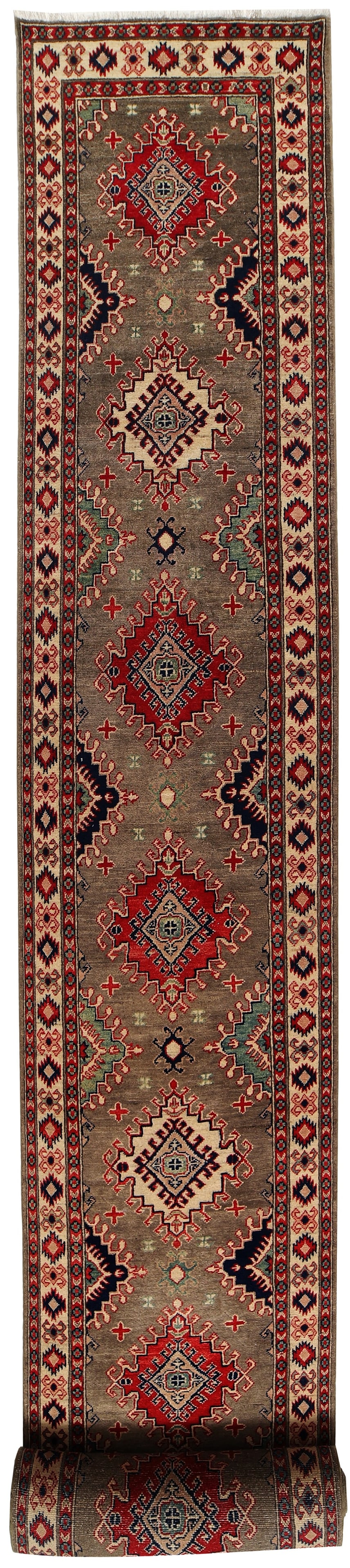 3' x 27' Handmade Peanut Brown Kazak Runner Rug from Pakistan: 3' x 27' Handmade Peanut Brown Kazak Runner Rug from Pakistan Free continental US Shipping Discover the beauty of this stunning 2.9 x 26.3 long runner rug, expertly handcrafted by Afghan artisans in t