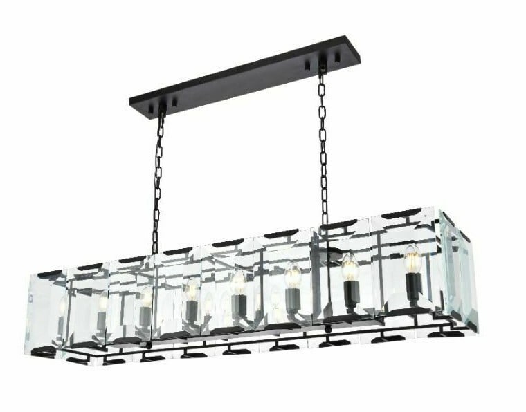 Monaco 16 Light Island Chandelier Flat Black Glass 53": Monaco 16 Light Island Chandelier Flat Black Glass 53" Modern flat black chandelier with glass and crystal details, designed for indoor use in kitchen islands, dining rooms, and other listed rooms. It