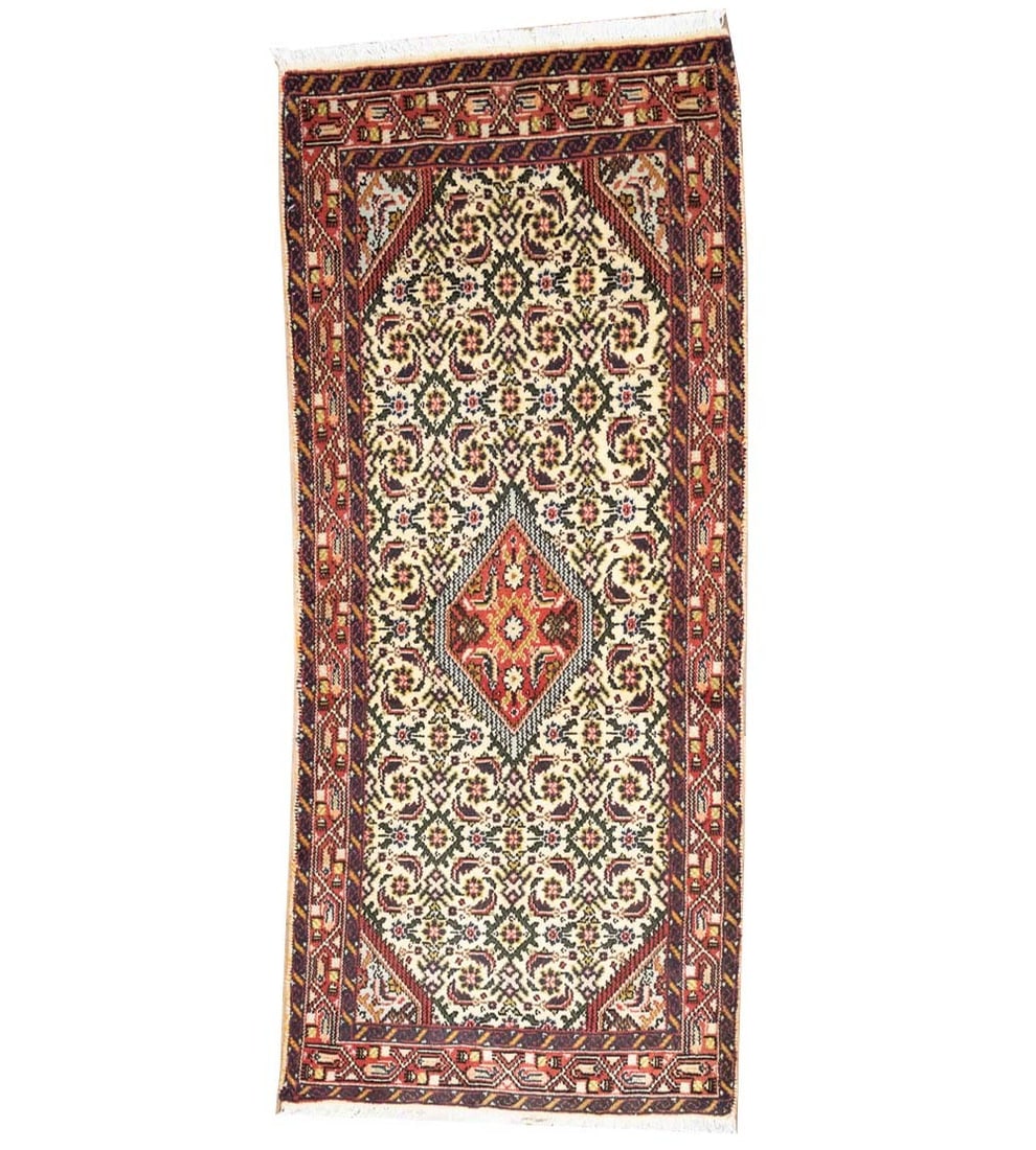 Vintage Wool Geometric Hand Knotted Runner Rug 2'5 x 5'8: Vintage Wool Geometric Hand Knotted Runner Rug 2'5 x 5'8 This vintage geometric Oriental runner rug is hand-knotted from wool, featuring a unique tribal design in a blend of cream, bittersweet red, pu