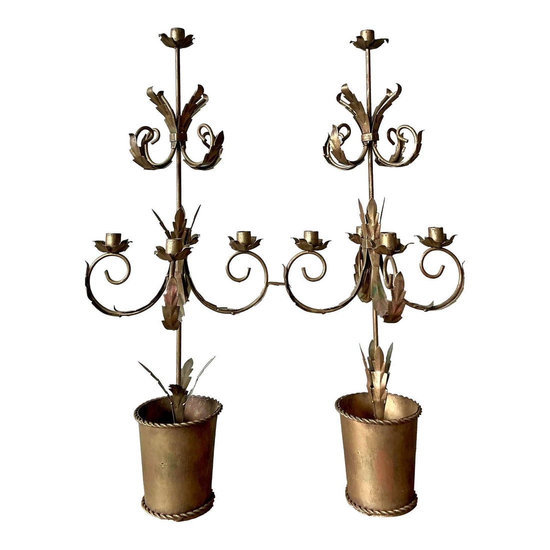 Pair of Vintage Metal Candelabras With Gilt Highlights and Botanical Design: Pair of Vintage Metal Candelabras With Gilt Highlights and Botanical Design This pair of vintage metal candelabras features a sculptural botanical design inspired by classic Italian toleware. Each can