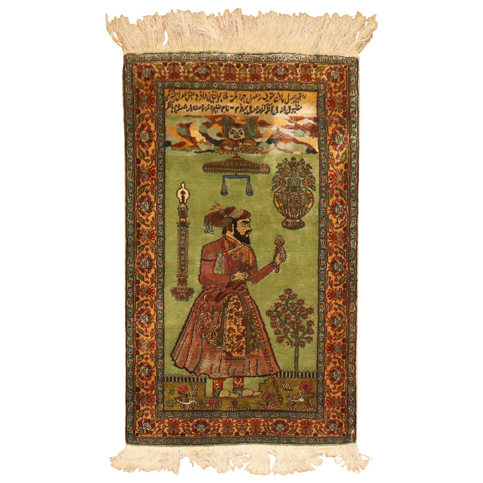 Pistachio Green Handwoven Silk Persian Rug King Aunshirvan Late 20th Century: Pistachio Green Handwoven Silk Persian Rug King Aunshirvan Late 20th Century This stunning handwoven silk rug features a captivating design with an Indian Emperor set against a beautiful pistachio gre
