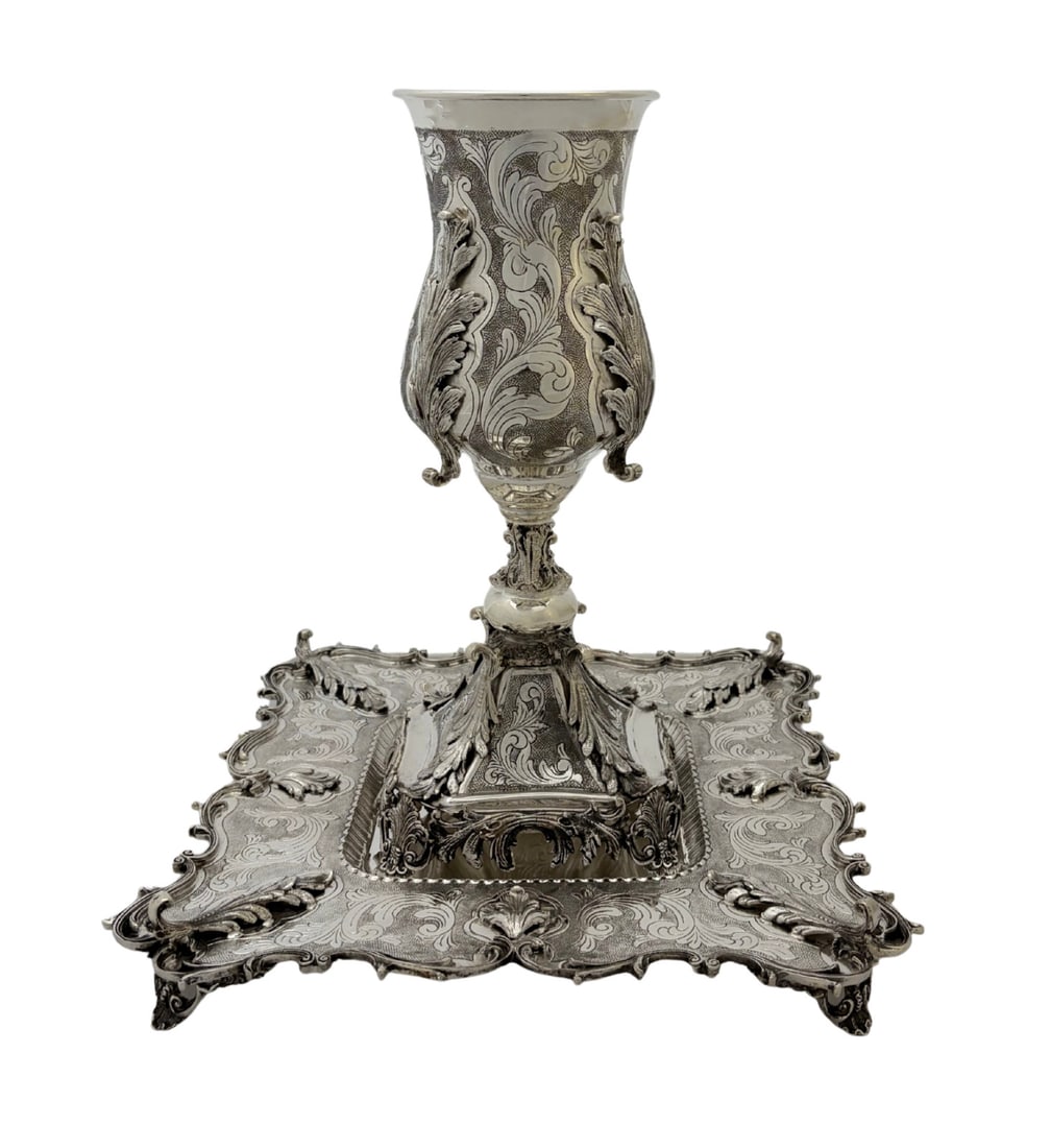 925 Sterling Silver Eliyahu Passover Cup and Tray Gilded Leaf Design (1 of 6)