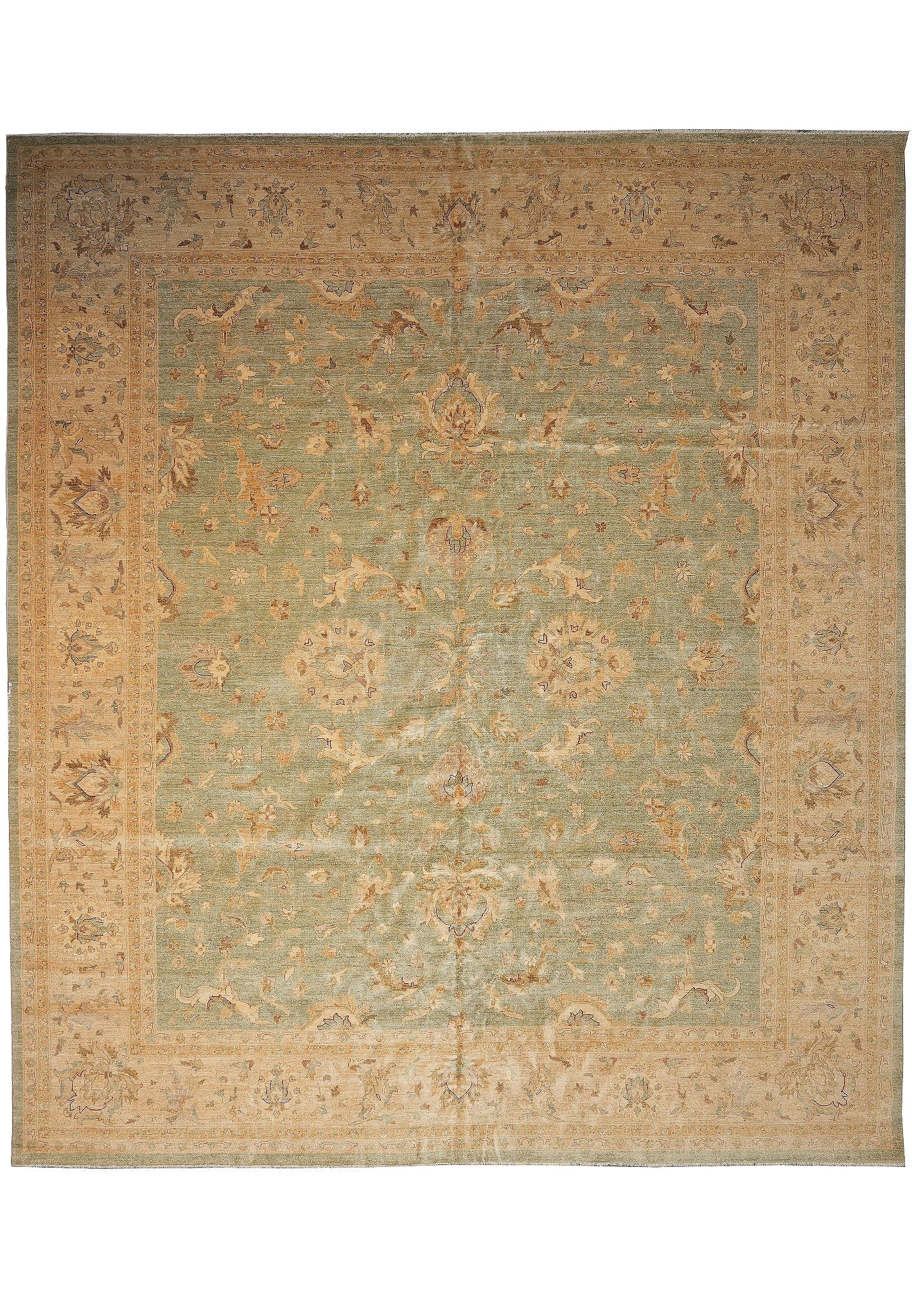13.11 x 16.1 Chobi Peshawar Hand-Knotted Wool Rug Light Green Gold: 13.11 x 16.1 Chobi Peshawar Hand-Knotted Wool Rug Light Green Gold Free continental US Shipping This Chobi Peshawar rug features a classic hand-knotted design with delicate floral motifs, flowing vine