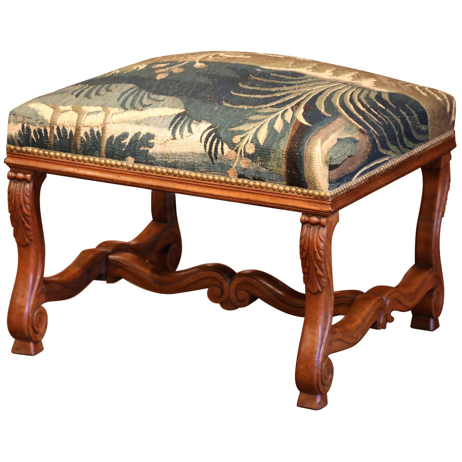 French Louis XIII Walnut Stool with 18th Century Aubusson Verdure Tapestry Seat: French Louis XIII Walnut Stool with 18th Century Aubusson Verdure Tapestry Seat This late 19th century French Louis XIII style stool was crafted circa 1880 in Southern France. It features a hand-carve