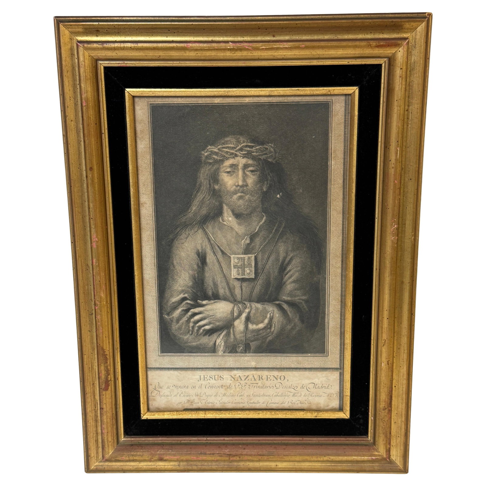Late 18th C Baroque Engraving of Jesus Nazareno by Carmona: Late 18th C Baroque Engraving of Jesus Nazareno by Carmona This exquisite late 18th-century engraving, attributed to the renowned Spanish engraver Juan Antonio Salvador Carmona (1740-1805), depicts Je