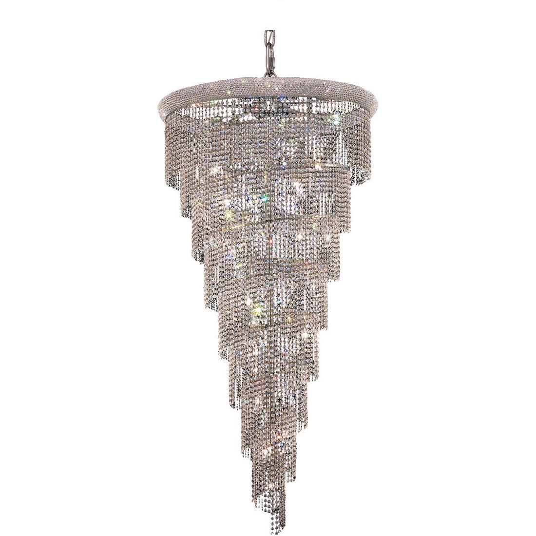 Lighting Spiral 26 Light Crystal Chandelier 36 x 65 Chrome: Lighting Spiral 26 Light Crystal Chandelier 36 x 65 Chrome Modern spiral crystal chandelier lighting fixture with a polished chrome finish and clear Royal Cut crystals. It is height-adjustable, hardwi