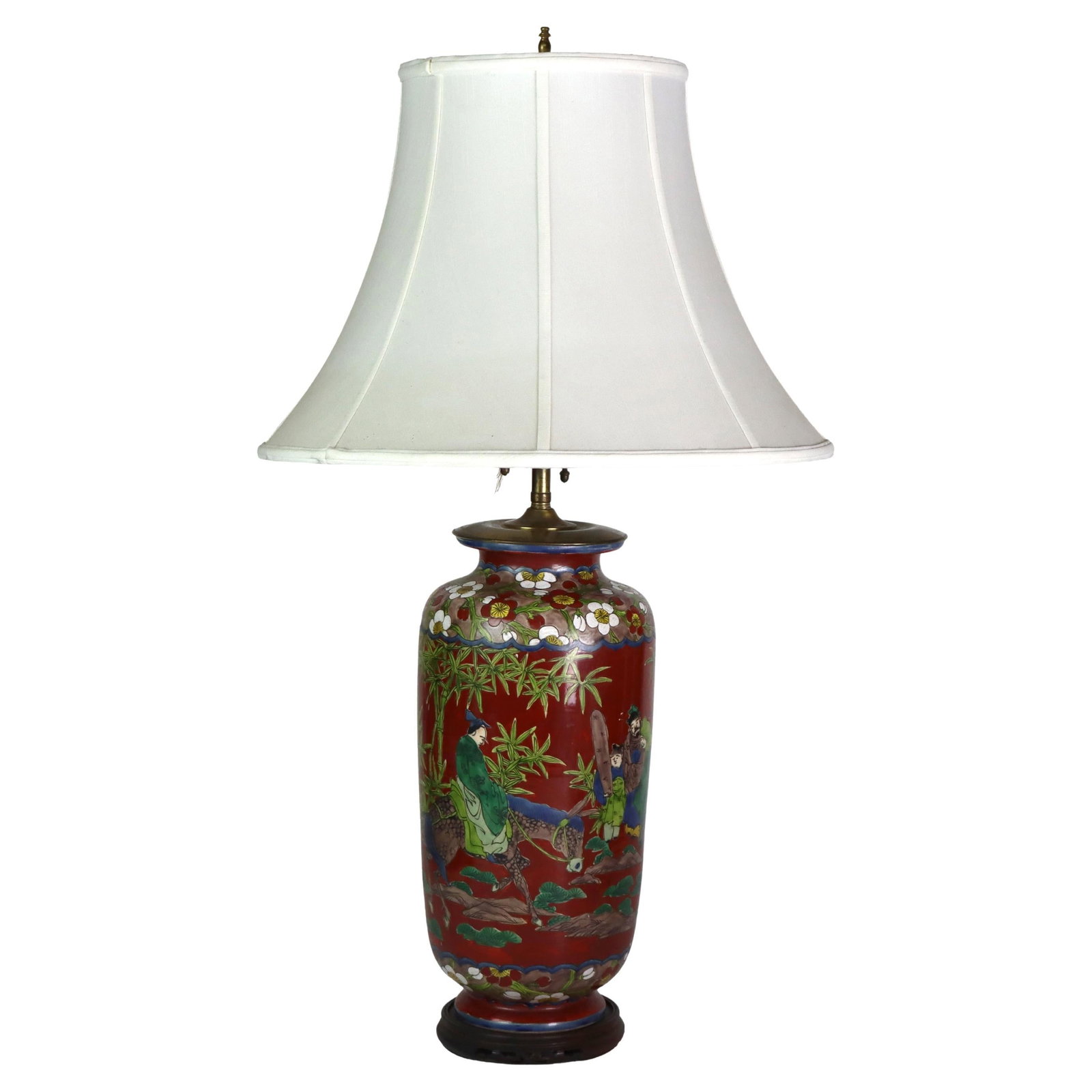 Enameled Porcelain Table Lamp Depicting Japanese Figures circa 1920: Enameled Porcelain Table Lamp Depicting Japanese Figures circa 1920 This antique Japanese enameled porcelain lamp from around 1920 features intricate figures and a mule in a garden setting. The lamp i