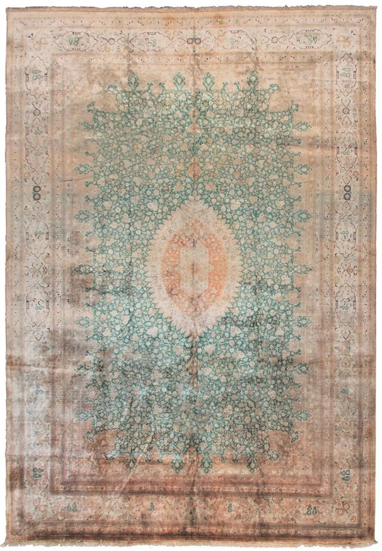 Hand Knotted Silk Persian Ghom Rug Signed Jamshidi 10x14 Green (1 of 12)