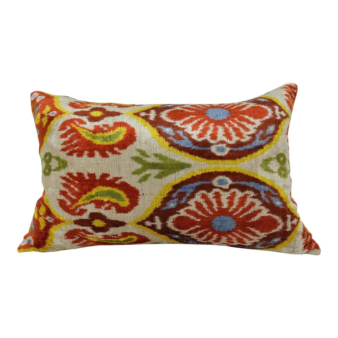Scarlet Silk Ikat Velvet Pillow With Linen Back And Down Insert: Scarlet Silk Ikat Velvet Pillow With Linen Back And Down Insert This hand-made silk Uzbek Ikat velvet pillow cushion features a natural linen backing and a hidden zipper. It comes with a 10/90 down fe