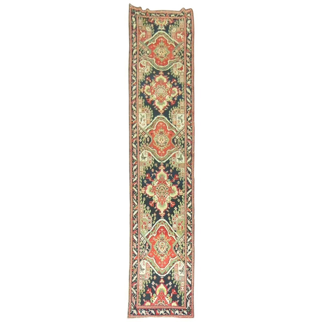 Antique Russian Karabagh Runner 42 x 216 Bessarabian Wool Rug: Antique Russian Karabagh Runner 42 x 216 Bessarabian Wool Rug Introducing the Zabihi Collection Antique Karabagh Runner, a stunning piece that showcases the artistry of early 20th-century Russian craf