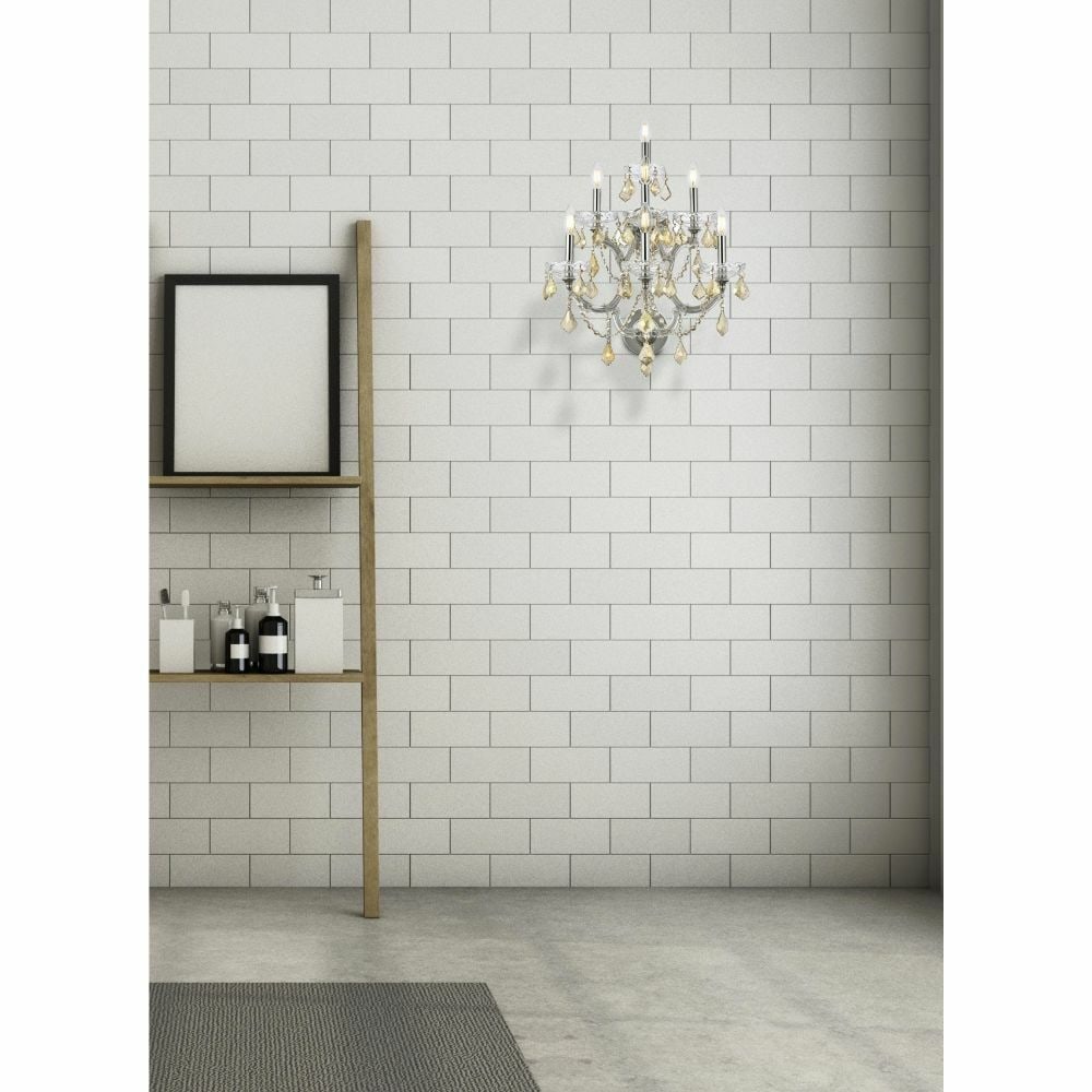 Maria Theresa 7 Light Chrome Wall Sconce Golden Teak Crystal: Maria Theresa 7 Light Chrome Wall Sconce Golden Teak Crystal This Maria Theresa wall sconce features a high-quality chrome finish with royal cut golden teak (smoky) crystals. Designed for use in livin