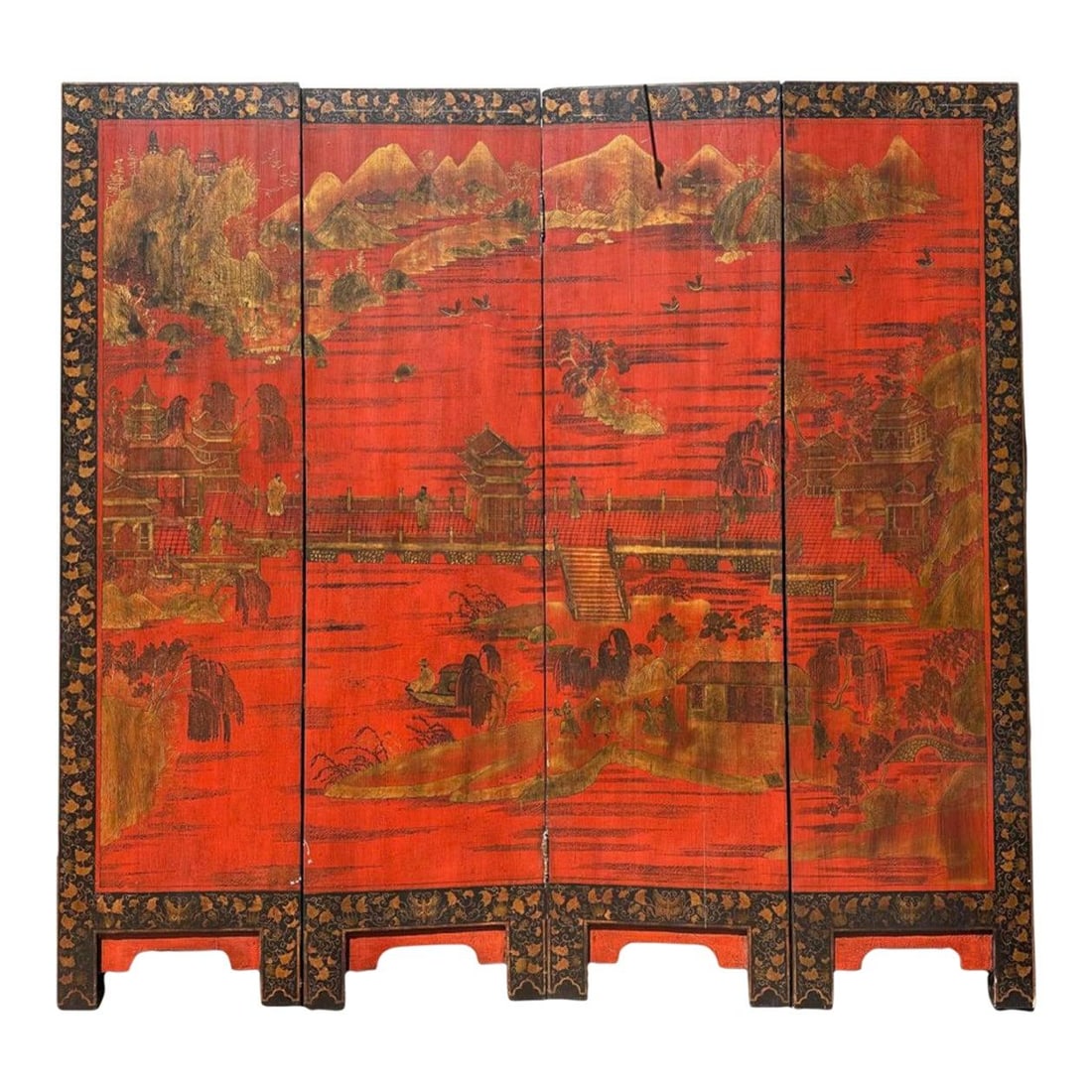 Vintage Chinoiserie Red Gold Lacquer 4 Panel Screen Hong Kong (1 of 10)