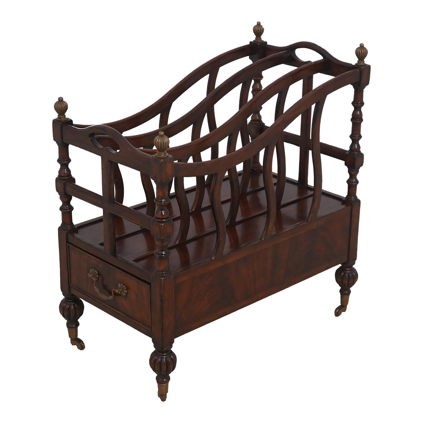 Jonathan Charles Mahogany Canterbury Magazine Rack with Drawer: Jonathan Charles Mahogany Canterbury Magazine Rack with Drawer This elegant Jonathan Charles 1 Drawer Mahogany Canterbury Magazine Rack showcases a traditional English style with impressive craftsmans