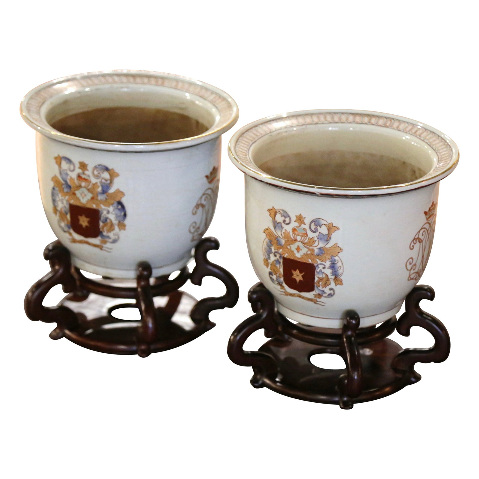 Set of 2 Italian Hand Painted Porcelain Cache Pots with Stands (1 of 7)