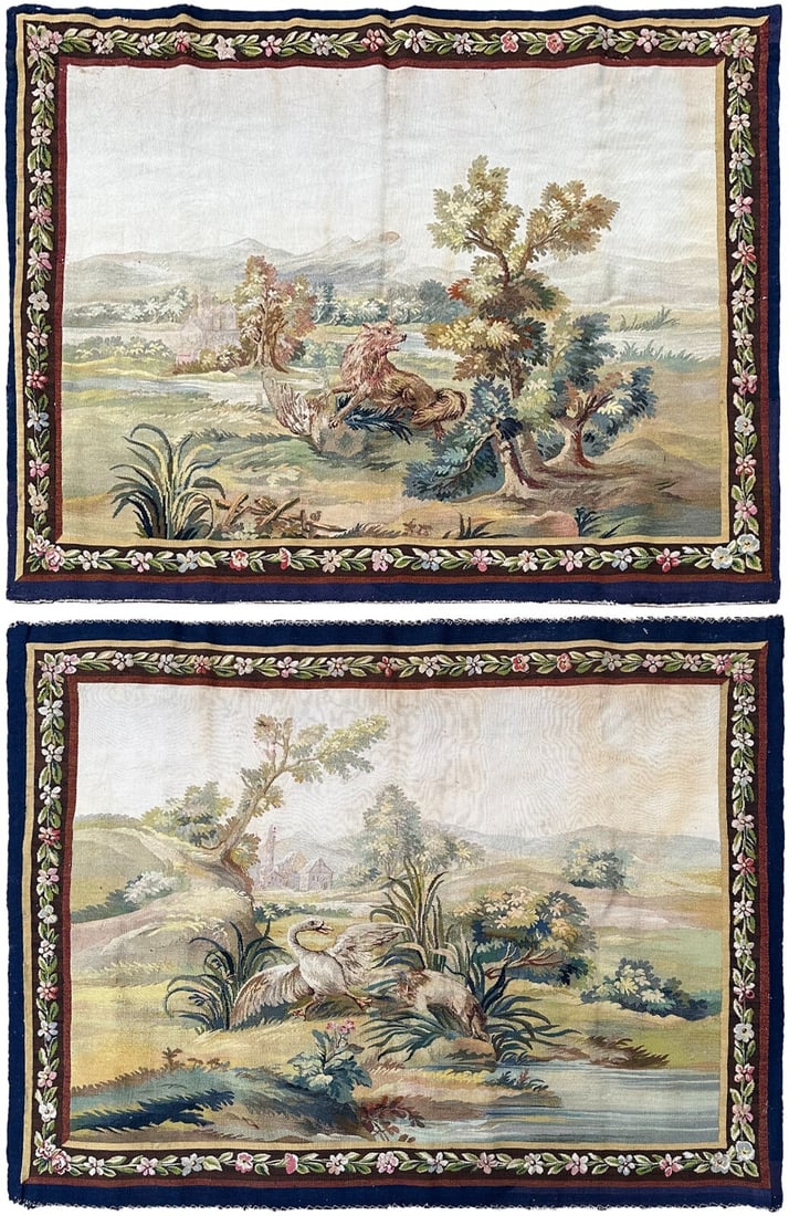 Antique French Wool Silk Wall Tapestries Pair 3'3 x 3'10: Antique French Wool Silk Wall Tapestries Pair 3'3 x 3'10 This is a genuine pair of antique French handmade tapestries from circa 1920, crafted with fine wool and silk. Each tapestry features a detaile