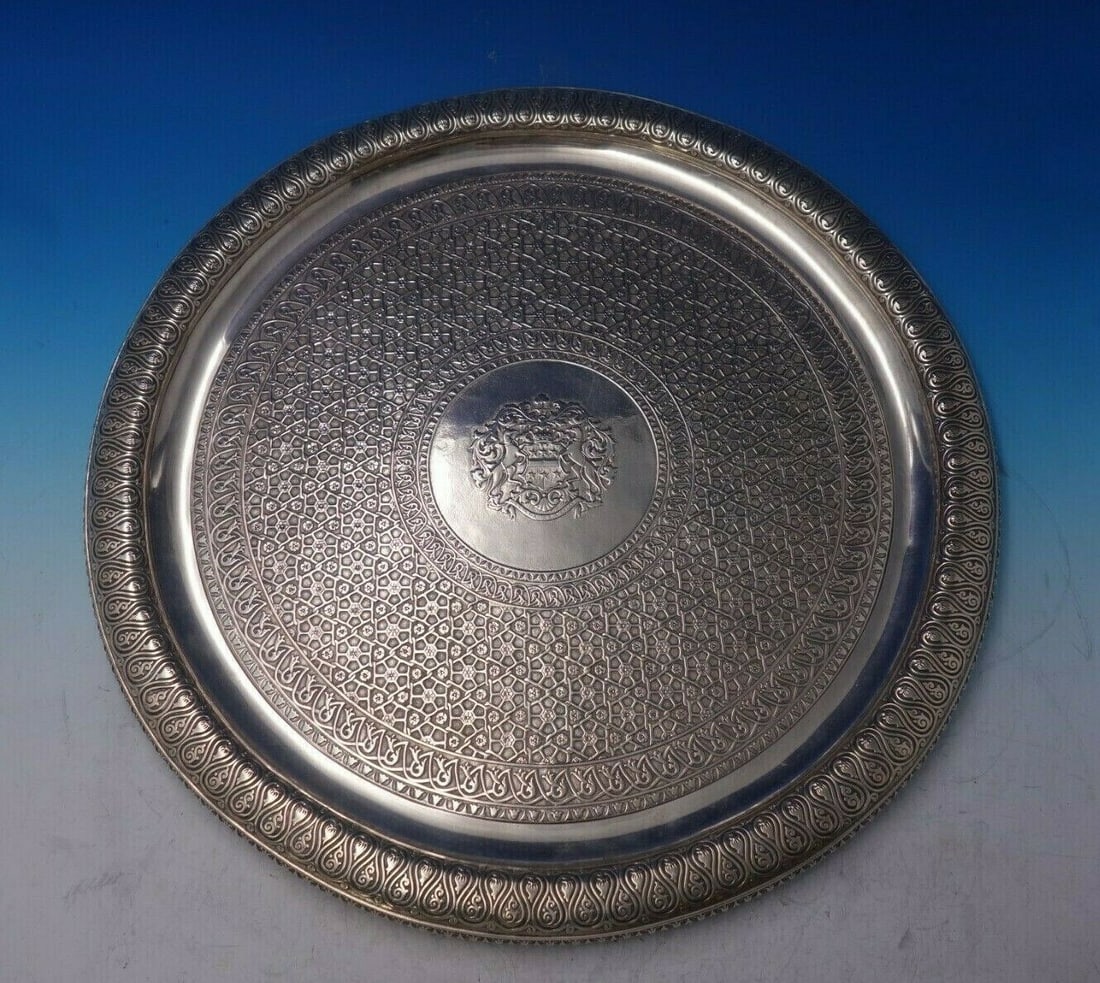Paul Storr Victorian Sterling Silver Tray 21" Chased Coat of Arms: Paul Storr Victorian Sterling Silver Tray 21" Chased Coat of Arms This exquisite Victorian tray, crafted by renowned silversmith Paul Storr, showcases the elegance of English design from the 19th cent
