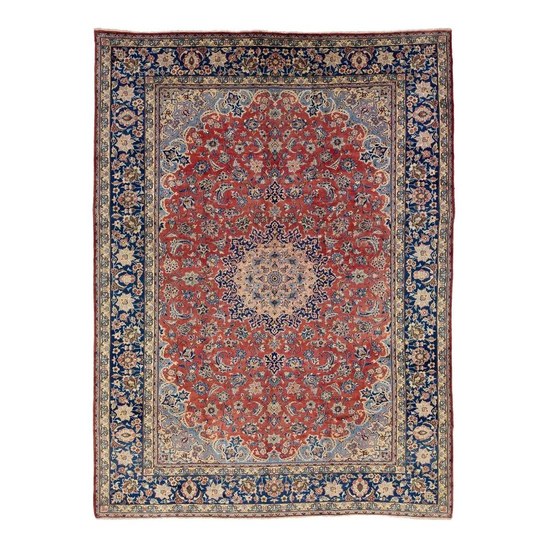 Vintage Persian Isfahan Red Wool Rug 9'11 x 13'4 Rosette Motif: Vintage Persian Isfahan Red Wool Rug 9'11 x 13'4 Rosette Motif This vintage Persian Isfahan red wool rug showcases a captivating rosette motif in beige and blue hues. Measuring 9'11" x 13'4", it bring