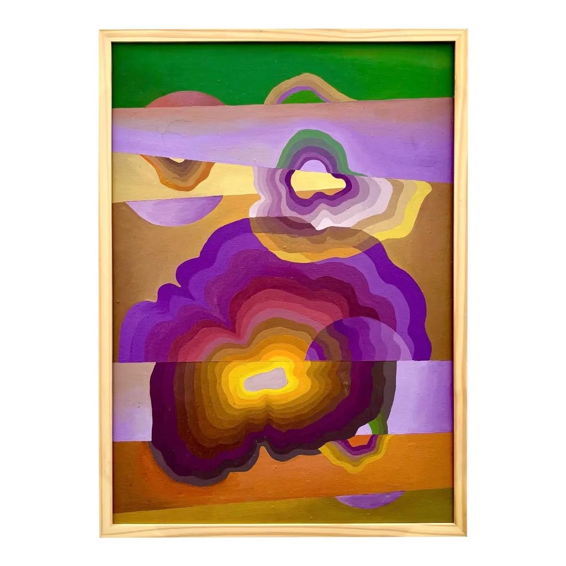 Framed Vintage Bohemian Abstract Oil Painting on Canvas 20 x 28 Inches: Framed Vintage Bohemian Abstract Oil Painting on Canvas 20 x 28 Inches This vintage Boho abstract oil painting on canvas features a dynamic composition with bold colors and organic forms. The artwork 