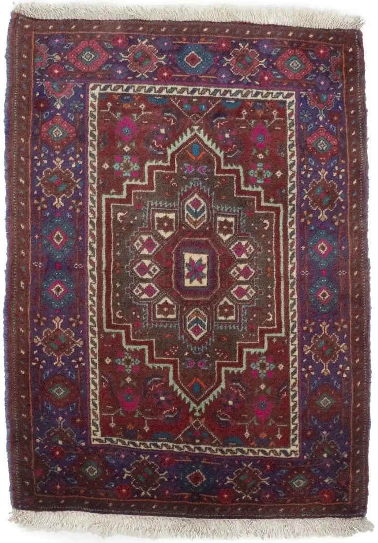 Hand-Knotted Wool Tribal Geometric Vintage Rug 1'10 x 2'7 Entryway Accent: Hand-Knotted Wool Tribal Geometric Vintage Rug 1'10 x 2'7 Entryway Accent This handmade vintage Oriental rug features a rare geometric design in shades of red, indigo blue, brown, fuchsia, and light g