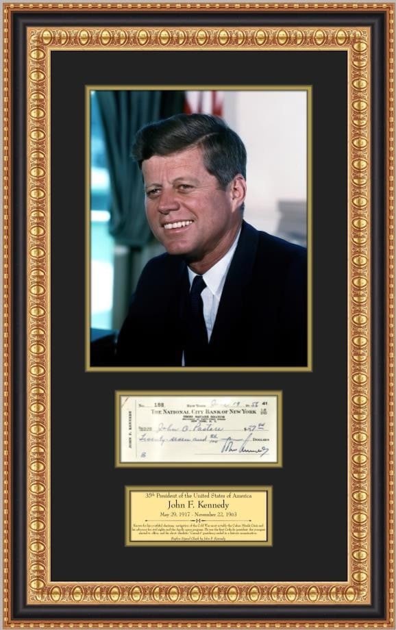 Framed John F Kennedy Facsimile Signed Check With Portrait and Engraved Plaque (1 of 4)