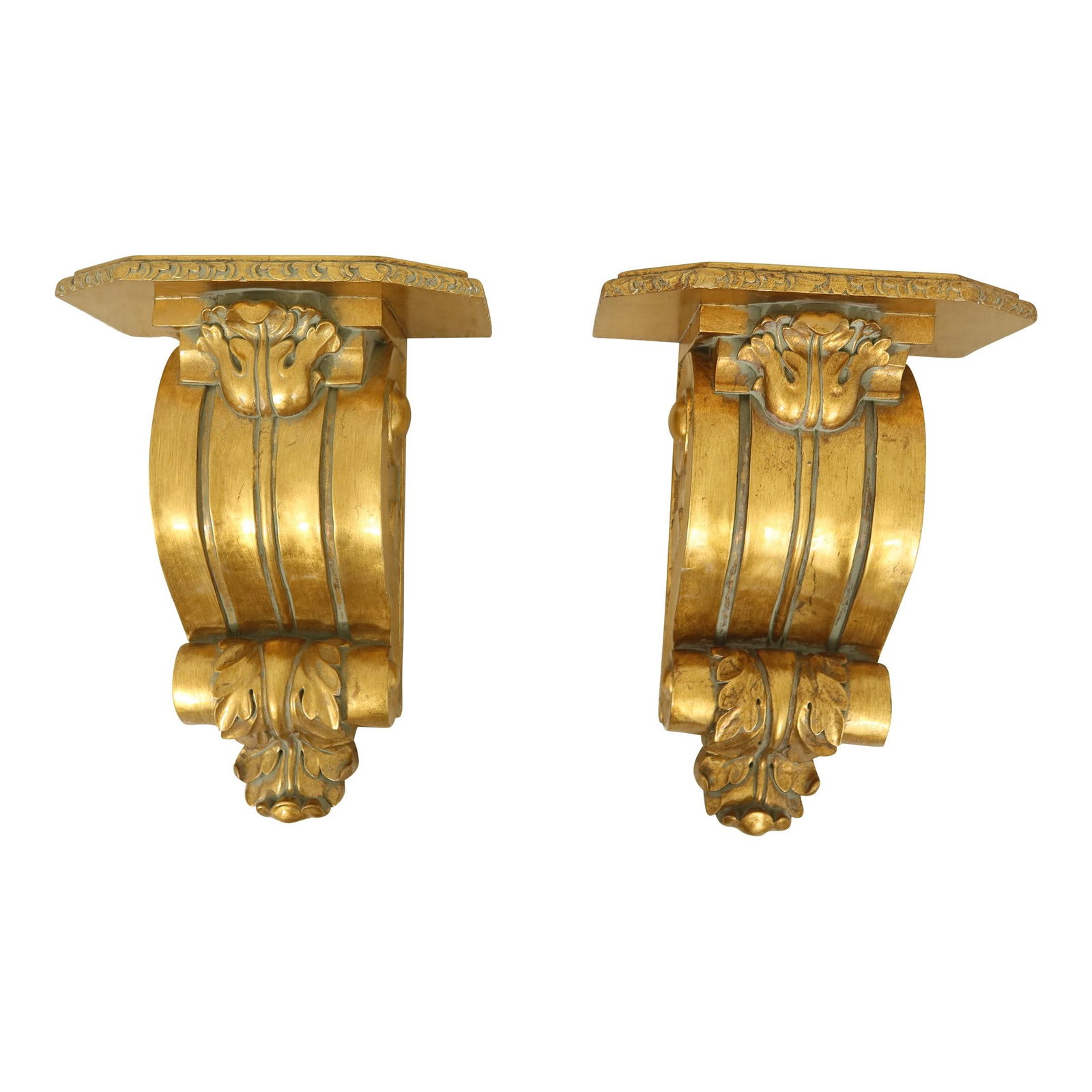 Elegant Pair of Large Gold Finish Wall Sconce Shelves: Elegant Pair of Large Gold Finish Wall Sconce Shelves This exquisite pair of large wall sconce shelves features a stunning gold finish complemented by green patina highlights. Approximately 20 years o