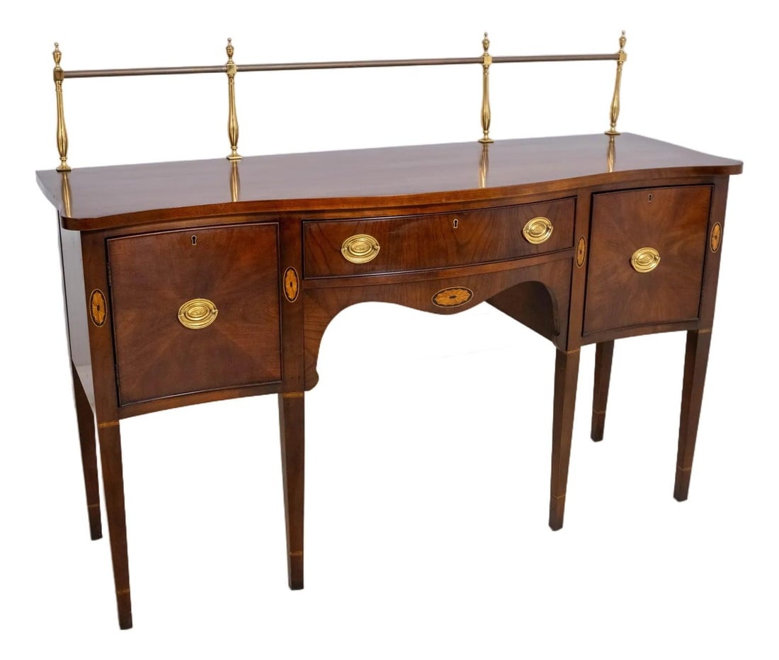 Statton Cherry Sideboard with Inlay and Brass Gallery Backsplash: Statton Cherry Sideboard with Inlay and Brass Gallery Backsplash This exquisite Statton Cherry Sideboard, featuring intricate inlay work and a stylish brass gallery backsplash, is a timeless addition 