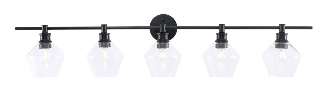 Gene 5 Light Black Metal Wall Sconce with Clear Glass Shade: Gene 5 Light Black Metal Wall Sconce with Clear Glass Shade This modern wall sconce features a black metal frame paired with clear glass shades, offering a sleek and contemporary look. Designed with f