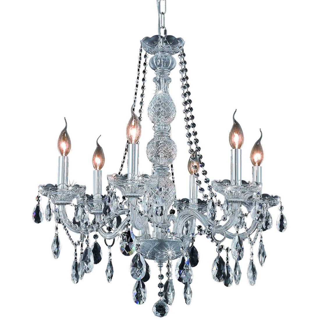 Verona Crystal Chrome 6-Light Chandelier with Royal Cut: Verona Crystal Chrome 6-Light Chandelier with Royal Cut This modern chandelier features a chrome-plated finish with elegant teardrop Royal Cut crystals, offering a sophisticated look for any indoor se