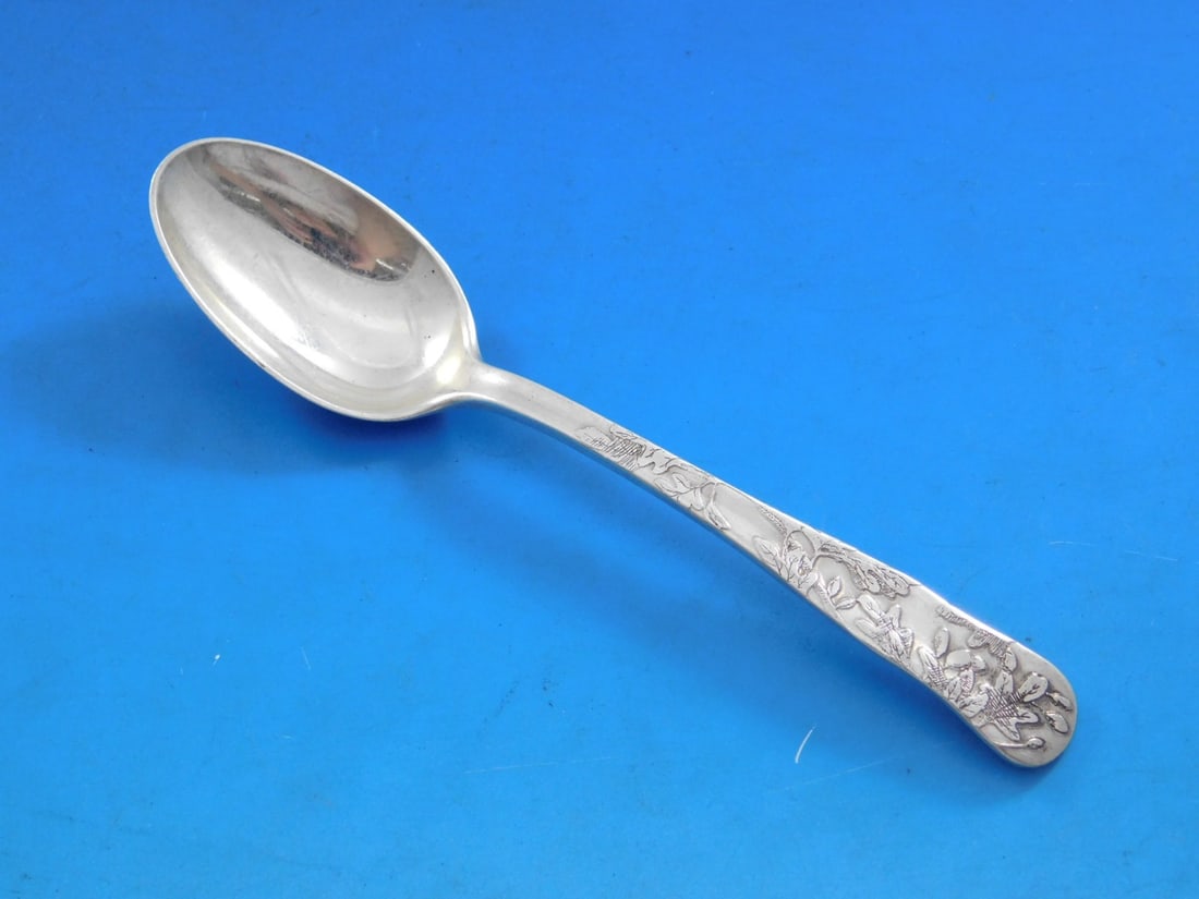 Tiffany & Co. Sterling Silver Coffee Spoon Lap Over Edge Acid Etched Plant Motif 4 3/4 Inch (1 of 5)