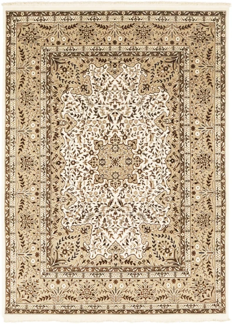 Hand-Knotted Wool Area Rug Cream Floral Kirman Pattern 5'8 x 7'11 India: Hand-Knotted Wool Area Rug Cream Floral Kirman Pattern 5'8 x 7'11 India This handmade vintage-style Kirman area rug features a plush, hand-knotted wool construction with a cream, brown, and khaki flor