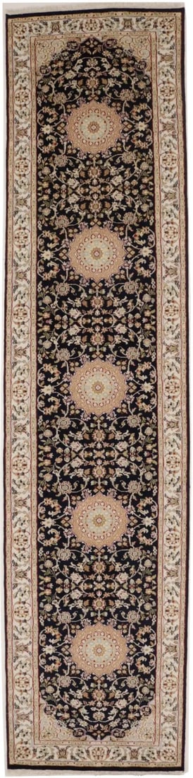 Handmade Indo-Nain Floral Runner Dark Navy 3' x 12' Wool Silk: Handmade Indo-Nain Floral Runner Dark Navy 3' x 12' Wool Silk This extra fine handmade Indo-Nain oriental runner features an exquisite floral design in a striking dark navy color complemented by cream