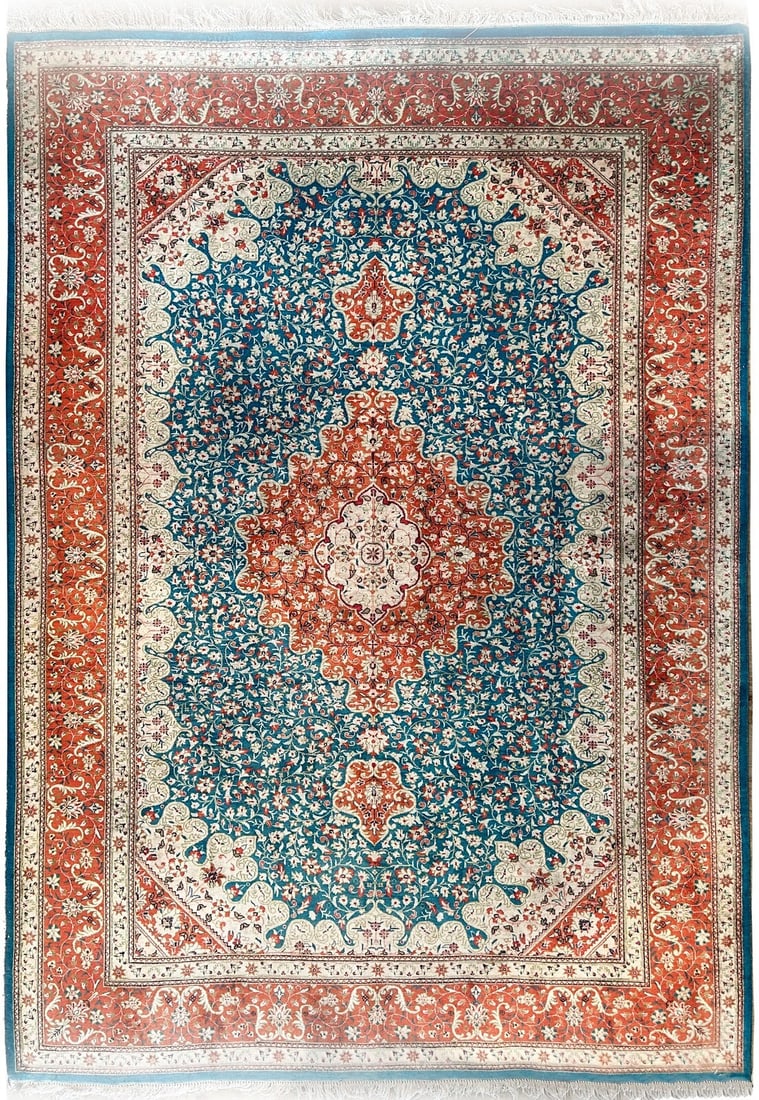 Hand Knotted Silk Tabriz Rug 135cm x 204cm Circa 1960: Hand Knotted Silk Tabriz Rug 135cm x 204cm Circa 1960 This rare Persian Tabriz rug is a fine hand-knotted tapestry crafted from 100% pure natural silk, both in its pile and foundation. Originating cir