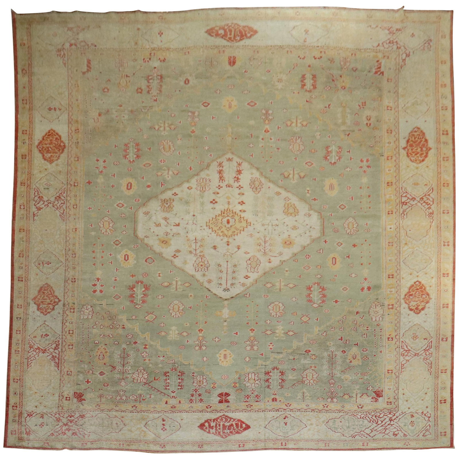 19th Century Georgian Antique Turkish Oushak Carpet 154 x 189 in: 19th Century Georgian Antique Turkish Oushak Carpet 154 x 189 in This exquisite antique Turkish Oushak carpet features a beautiful celadon green field complemented by an ivory central medallion and bo