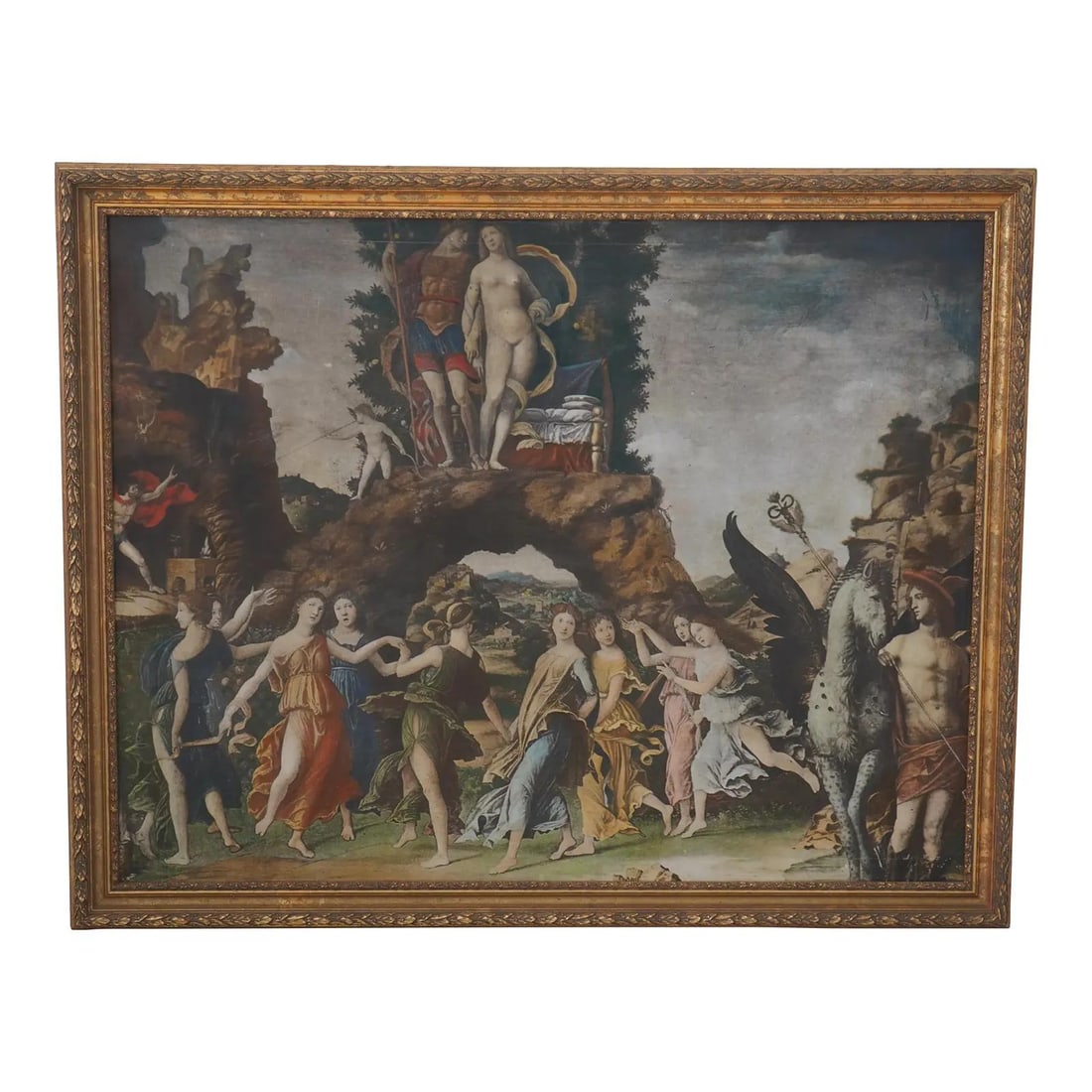 Large Vintage Copy of Mantegna's Parnassus Oil Painting Framed on Canvas: Large Vintage Copy of Mantegna's Parnassus Oil Painting Framed on Canvas This large oil painting on canvas is a vintage reproduction of the Italian Renaissance masterpiece 'Parnassus' by Andrea Manteg