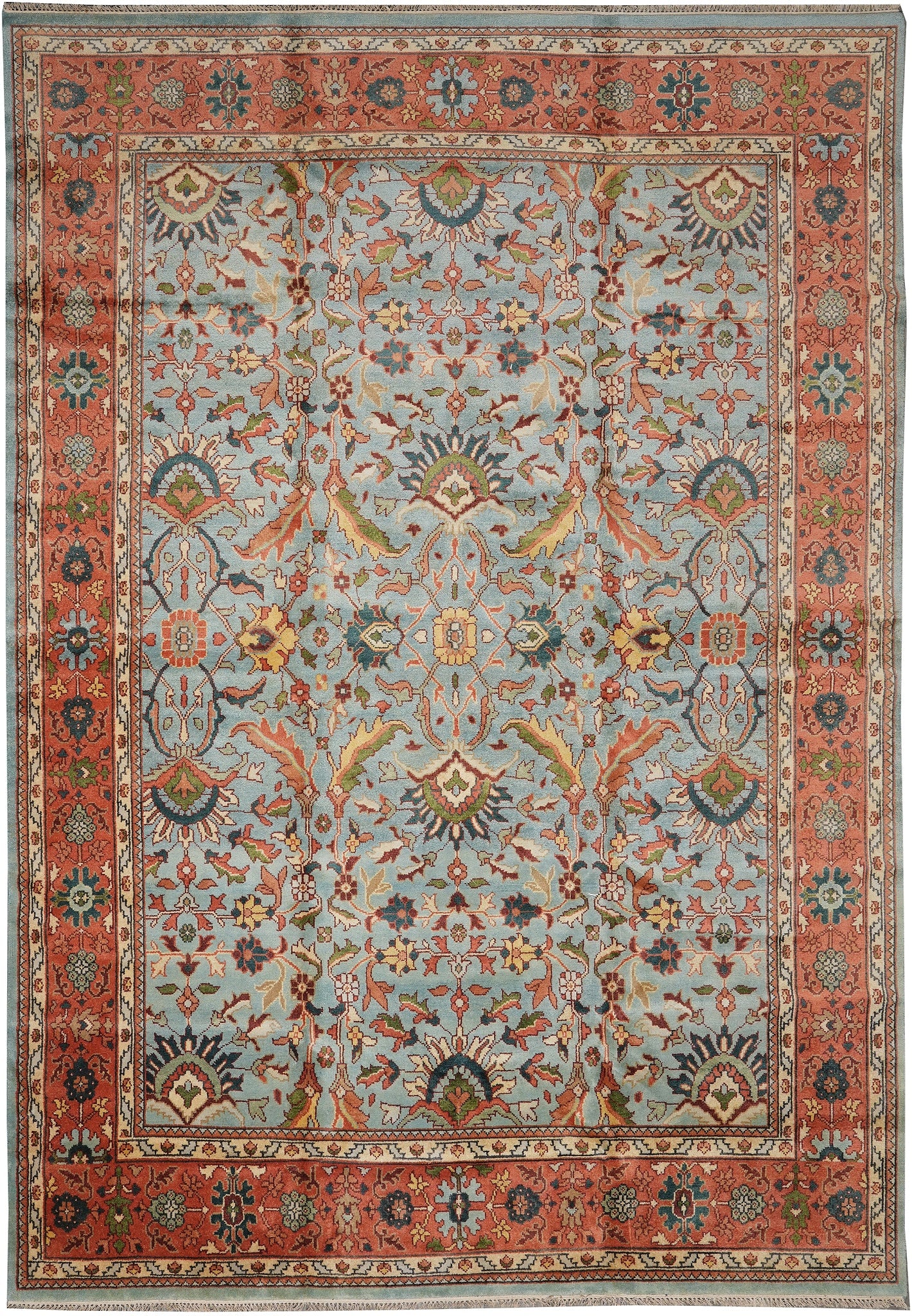 10 x 13.9 Handmade Wool Soltanabad Reproduction Rug Light Blue Coral: 10 x 13.9 Handmade Wool Soltanabad Reproduction Rug Light Blue Coral Free continental US Shipping This is a new reproduction Soltanabad rug, hand-knotted by skilled artisans using premium quality wool