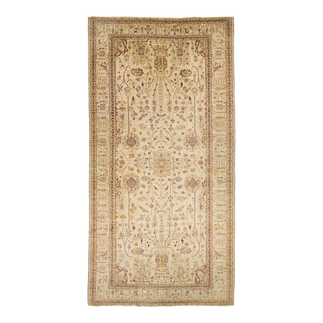 Palace Sized Beige Oushak Style Wool Rug Floral Design: Palace Sized Beige Oushak Style Wool Rug Floral Design Experience the elegance of this Modern Oushak Style Palace-sized wool rug, meticulously handcrafted to showcase traditional artistry. The rug fea