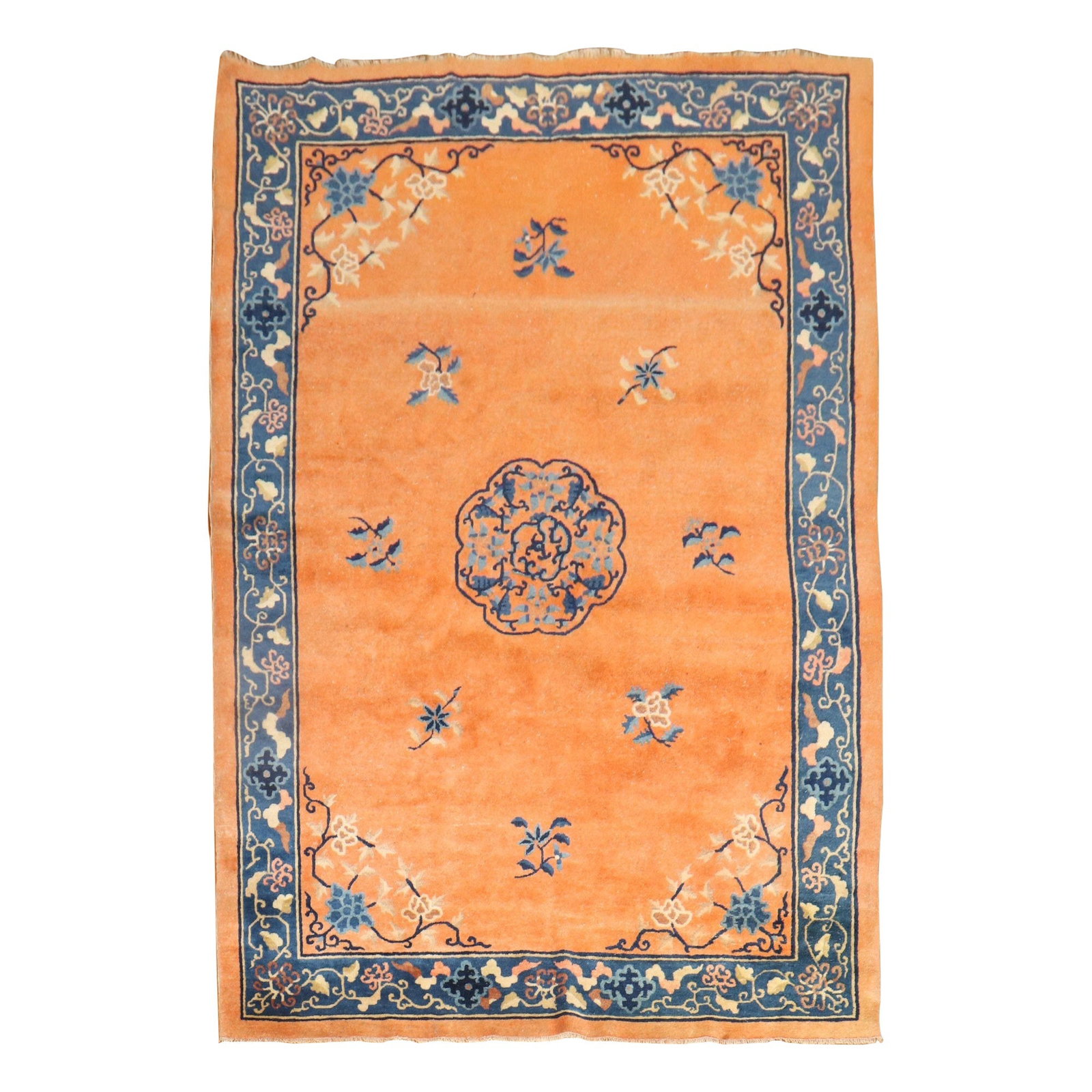 Rare Fire Orange Antique Chinese Art Deco Hand-Knotted Wool Rug: Rare Fire Orange Antique Chinese Art Deco Hand-Knotted Wool Rug Discover the beauty of this stunning Fire Orange Antique Chinese Rug, a remarkable piece that embodies the elegance of the Art Deco styl