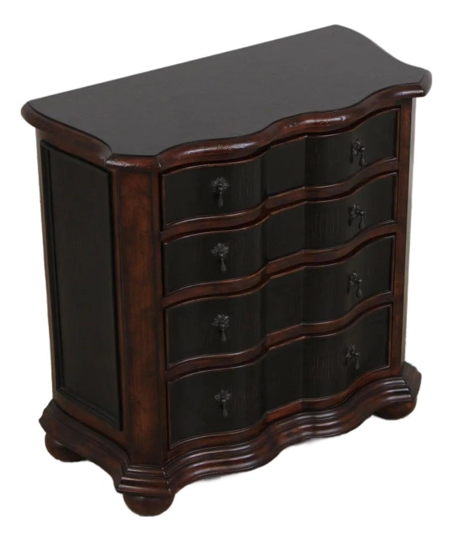 Ethan Allen Lucca serpentine 4-drawer wood chest with bun feet: Ethan Allen Lucca serpentine 4-drawer wood chest with bun feet Ethan Allen 4 Drawer Serpentine Chest Commode from the Lucca Collection, featuring bun feet and traditional styling. It is made of wood w