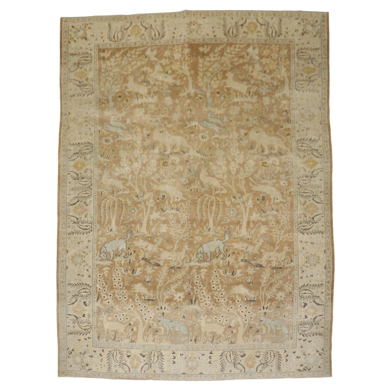 9' 9" x 13' 9" Indian Lahore wool pictorial rug animal motif: 9' 9" x 13' 9" Indian Lahore wool pictorial rug animal motif An early 20th-century Indian Lahore animal motif pictorial rug in neutral tones, presented in the Agra style. It is hand-woven in wool and 