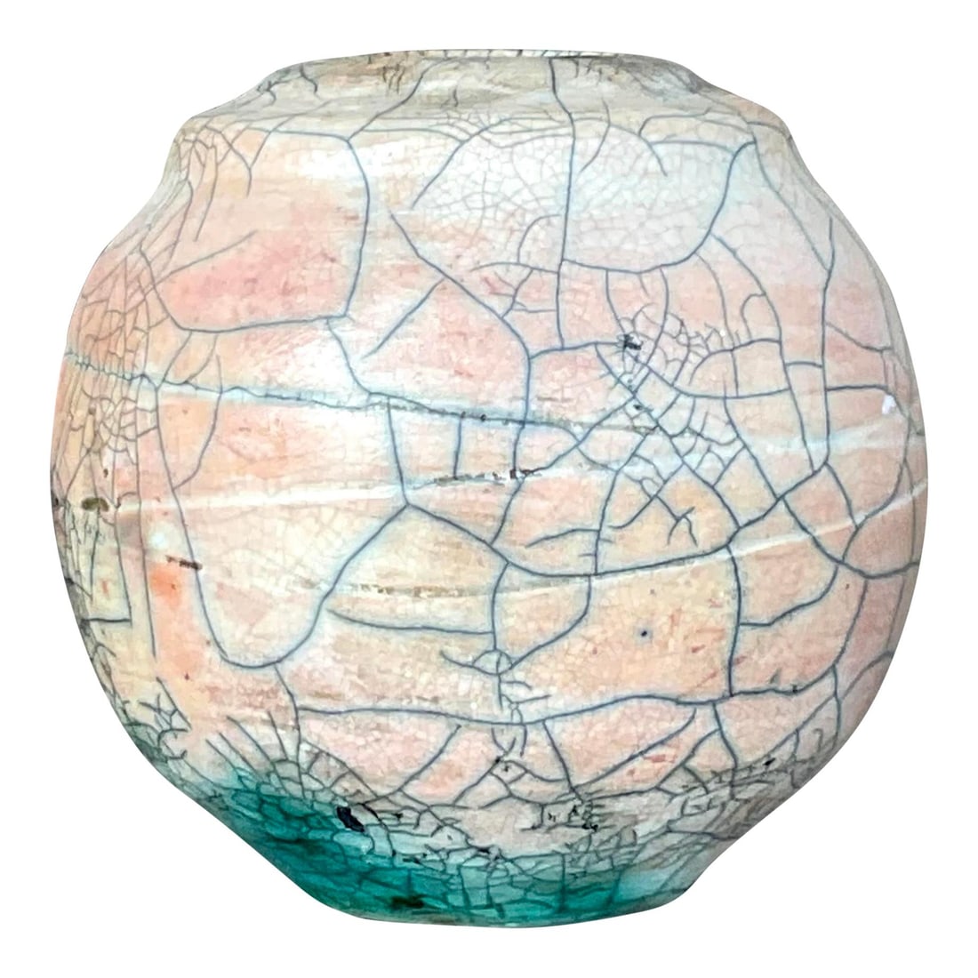 Vintage Boho Raku Vase Pink Green Signed 6" x 6" x 6": Vintage Boho Raku Vase Pink Green Signed 6" x 6" x 6" This exquisite vintage Boho vase features a stunning Raku crackle finish in a delicate pale pink, accented with flashes of green. The vase is sign