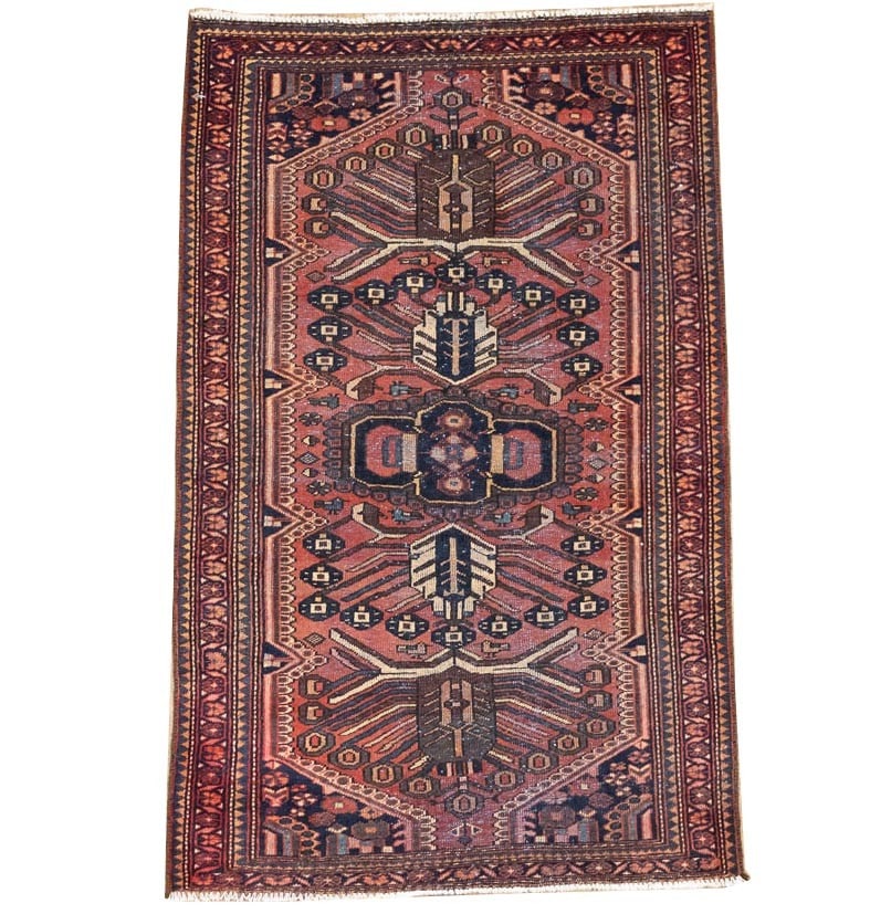 Hand Knotted Wool Floral Oriental Rug 4x7 Ft Vintage: Hand Knotted Wool Floral Oriental Rug 4x7 Ft Vintage This semi-antique hand-knotted wool rug features a classic Oriental floral pattern in a harmonious palette of light red, purple-navy, cream, brown,