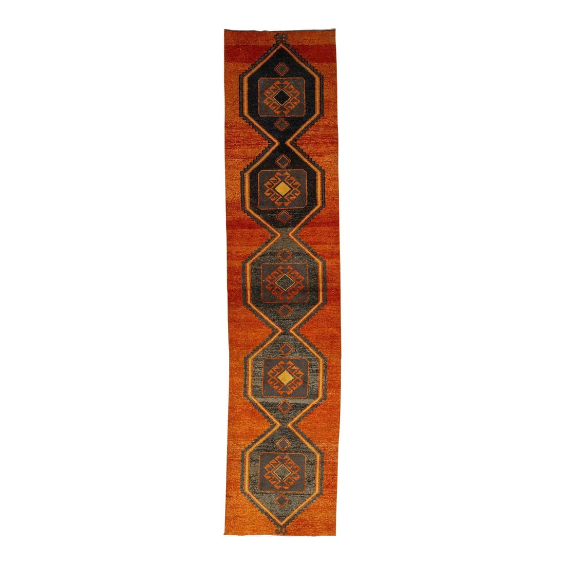 3'4 x 15' Turkish Wool Runner With Six Hexagonal Medallions and Orange Field: 3'4 x 15' Turkish Wool Runner With Six Hexagonal Medallions and Orange Field This vintage Turkish runner is handwoven from natural wool and features six prominent hexagonal medallions set against a wa