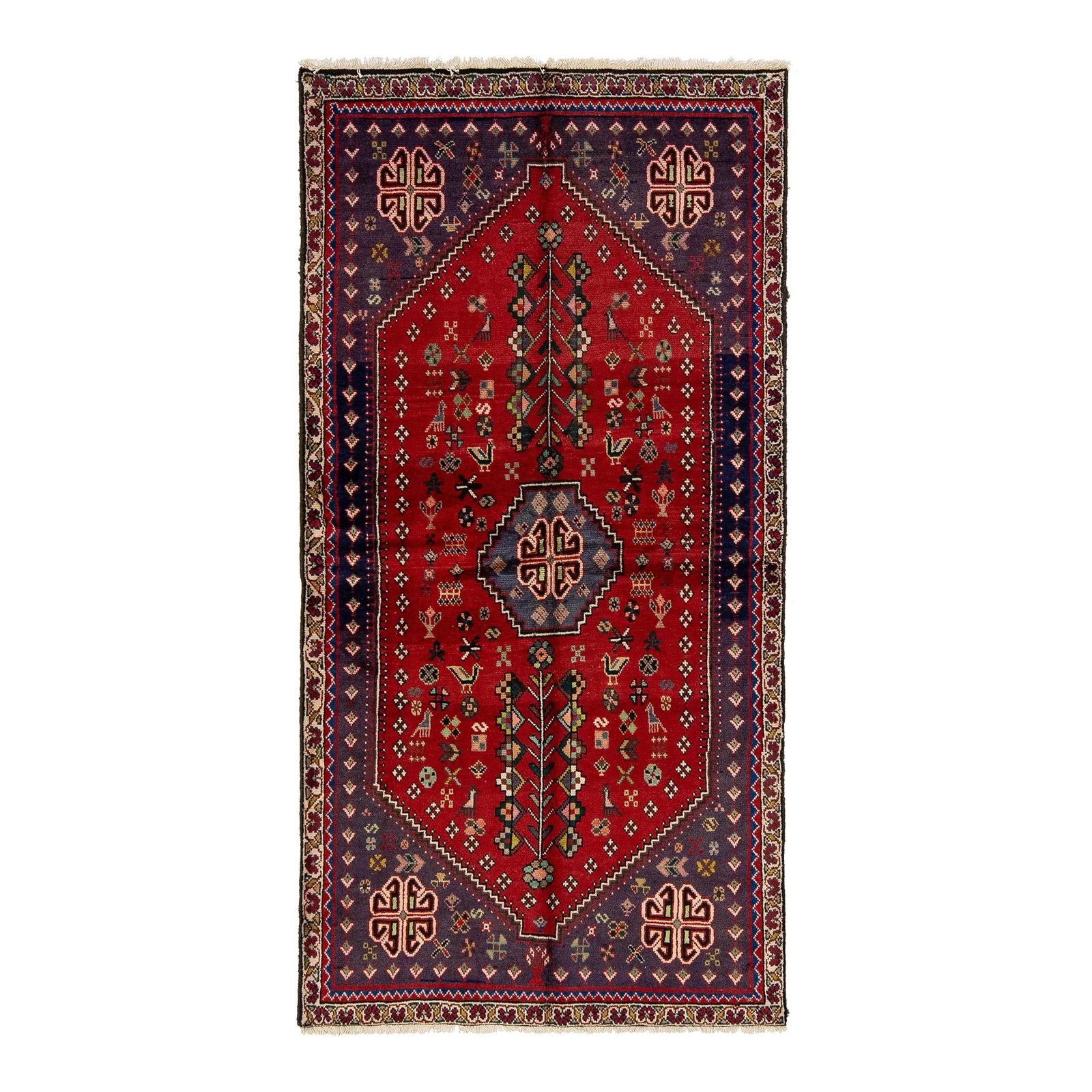 Vintage Persian Shiraz Red Hand-Knotted Wool Rug Medallion Design 3'3 x 6'5: Vintage Persian Shiraz Red Hand-Knotted Wool Rug Medallion Design 3'3 x 6'5 This exquisite vintage Persian Red Shiraz rug is a true testament to the art of traditional Persian weaving. It features a c