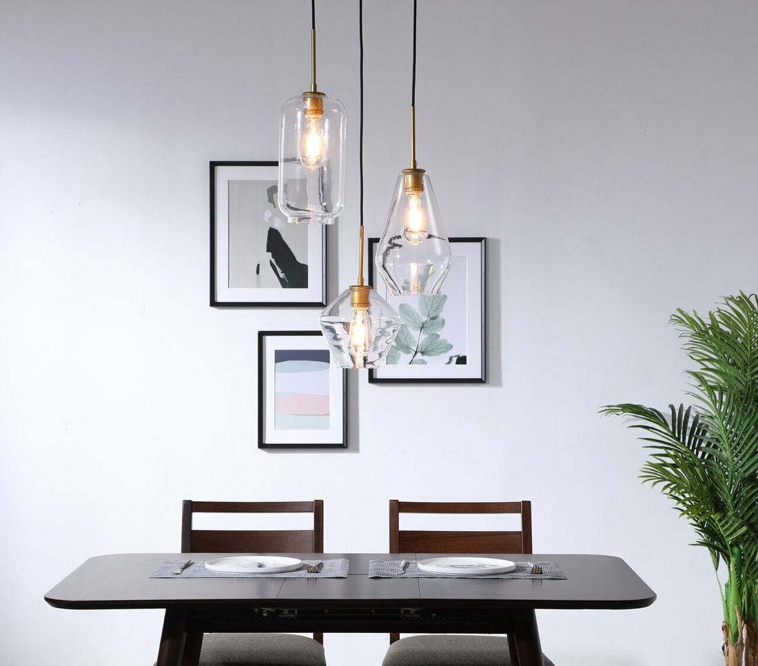 Gene Modern Brass Pendant Chandelier with Three Clear Glass Shades Adjustable Height (1 of 12)