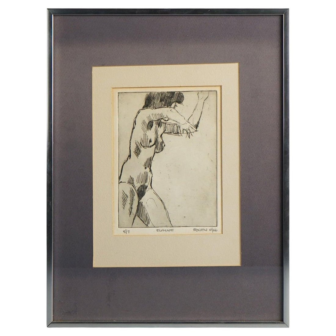 Framed Mid Century Modern paper sketch Elayne Frozen 5 of 6 nude woman: Framed Mid Century Modern paper sketch Elayne Frozen 5 of 6 nude woman This limited edition sketch, titled 'Elayne Frozen' and dated October 1966, features a minimalist depiction of a nude woman. Numb