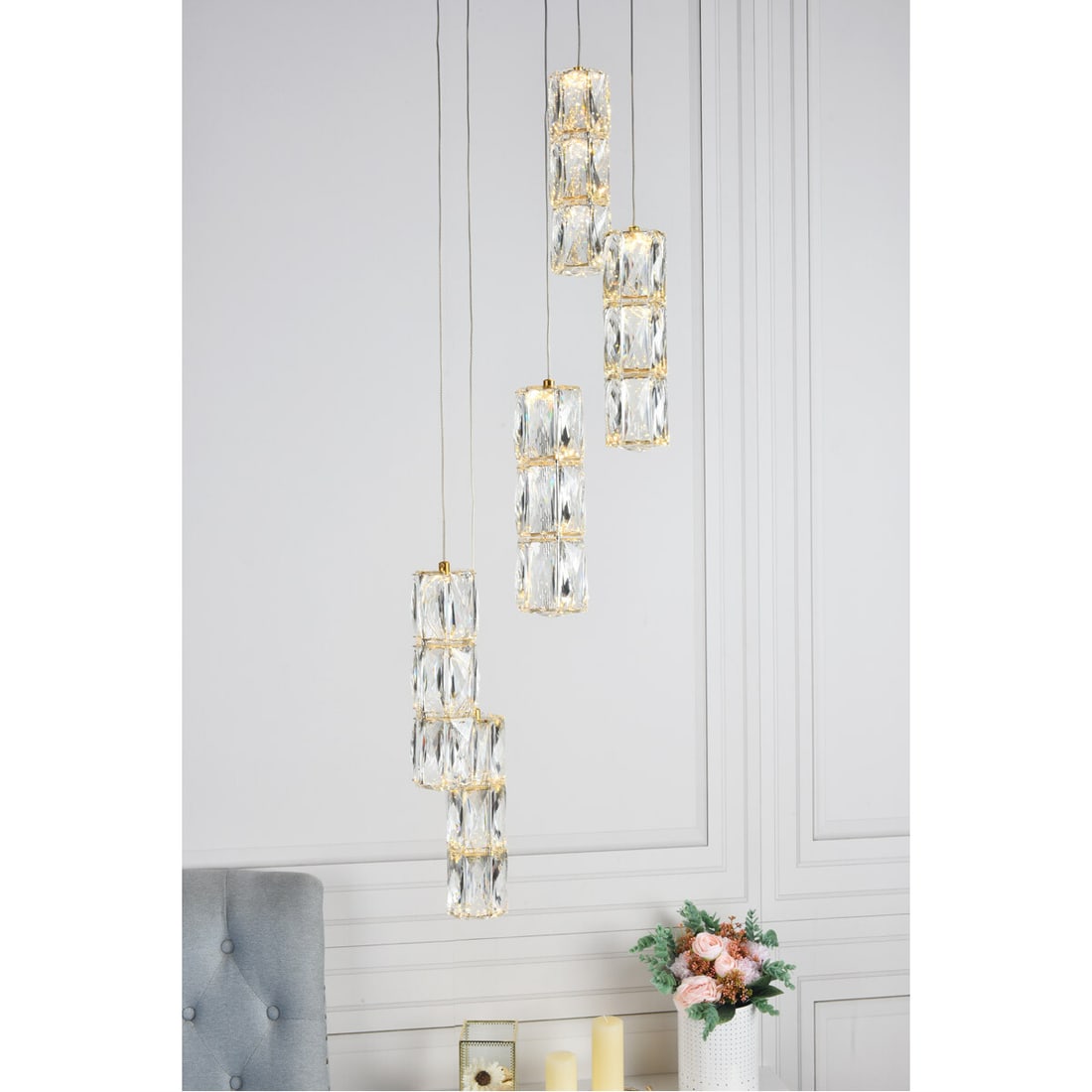 Gold Crystal 5 Light Polaris Pendant Chandelier 12 inch: Gold Crystal 5 Light Polaris Pendant Chandelier 12 inch This modern pendant chandelier features a gold finish and high-quality clear crystals, adding a touch of elegance to any dining room, kitchen is